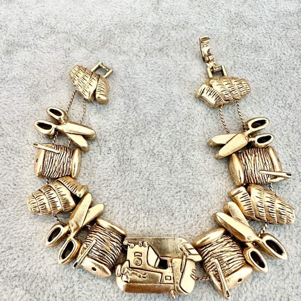 Vintage Gold Tone Sewing Tools Theme Scissors Thread Charm Slide Bracelet